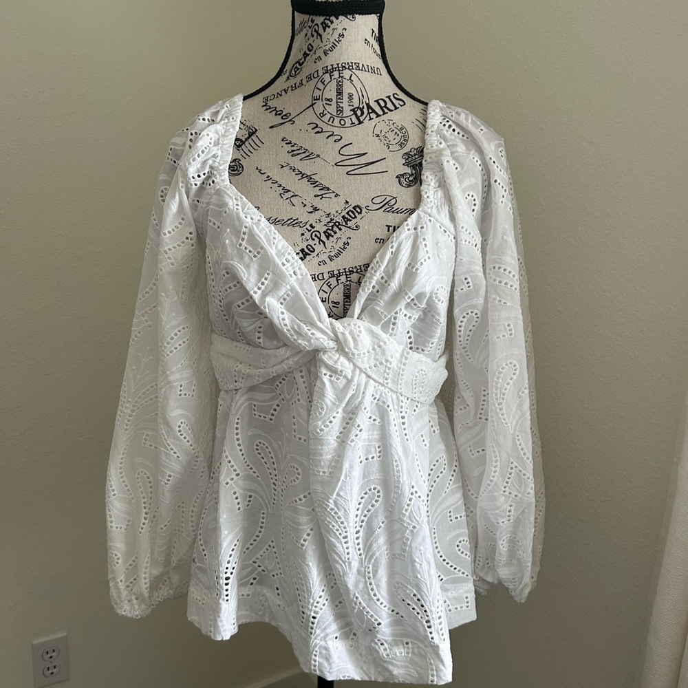 White Eyelet Blouse with Puff Sleeves